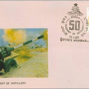 First Day Cover15 Jan. '85. 50th Anniv.of Regiment of  Artillery.(FDC-1985) (Spots/hinged/slightly damaged/Paper Stuck)