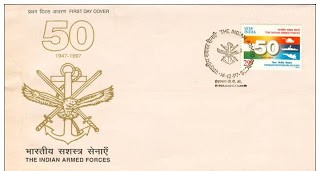 First Day Cover 16 Dec.'97 50th Anniv. of Indian Armed Forces.(FDC-1997) (Spots/hinged/slightly damaged/Paper Stuck)