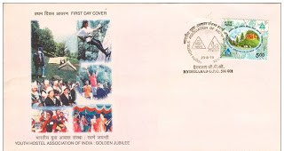 First Day Cover 23 Aug.'98 Golden Jubilee of Youth Hostel Association of India. (FDC-1998) (Spots/hinged/slightly damaged/Paper Stuck)
