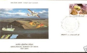 First Day Cover 04 Mar. '01 150th Anniv.of Geological Survey of India.(FDC-2001) (Spots/hinged/slightly damaged/Paper Stuck)