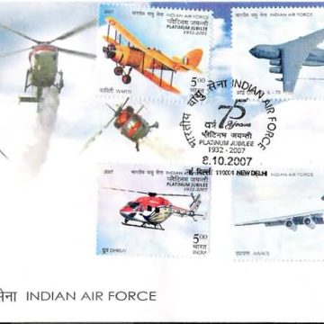 First Day Cover 08 Oct. '07 Platinum Jubilee of Indian Air Force.(FDC-2007) (Spots/hinged/slightly damaged/Paper Stuck)