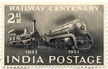 16 Apr. '53 Railway Centenary. Railway, Engine, 2 Anna.  (Hinged/Gum washed stamp)