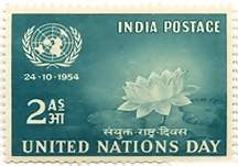 24 Oct. 54 United Nations Day. Emblem, Lotus, Organisation, 2 Anna.  (Hinged/Gum washed stamp)