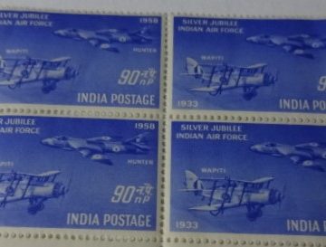 30 Apr. '58 Indian Air Force Silver Jubilee. Silver Jubilee, Air Force, Aircraft, 90 nP. (Block of 4 stamp)