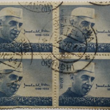 12 Jun. 64 Jawahar Lal Nehru. Personality, Freedom Fighter, Prime Minister, Headgear, Cap, Indian National Congress, Autograph, 15 P. (Used Block of 4 stamp)