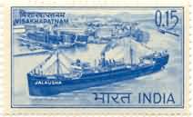 05 Apr. 65 National Maritime Day - Freighter Jala Usha, and Visakhapatnam Port. Ship, Port, Ship Building, Event, 15 P.  (Hinged/Gum washed stamp)