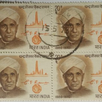 C V Raman. Personality, Physicist, Scientist, Autograph, Nobel Laureate, Raman Effect, Bharat Ratna, Diamond, 20 P. (Used Block of 4 stamp)