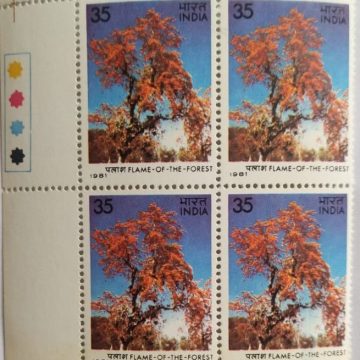Flowering Trees - Flame of The Forest. Flower, Tree, Flame-of-The Forest, Spathodea campanulata, Fountain Tree, 35 P. (Block of 4 TL Stamp)
