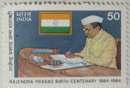 Dr. Rajendra Prasad Birth Centenary. Personality, President of India, Freedom Fighter, Lawyer, Indian National Congress, Flag, Writing, Desk, Cap, Headgear, Centenary 50 P. - MNH Stamp