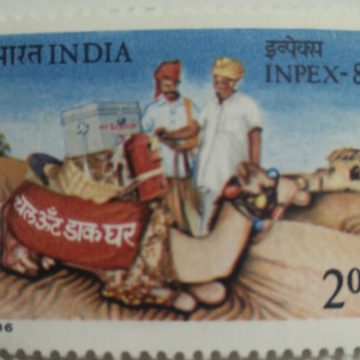 INPEX-86 : Mobile Camel Post Office Philatelic Exhibition, Stamp Show, Camle, Mobile Post Office, Postman, Desert, Postal Service  (Hinged/Gum washed stamp)