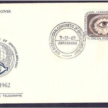 First Day Cover 03 Dec.'62 19th International Congress of Opthalmology, New Delhi. (fdc-1962) (Spots/hinged/slightly damaged/Paper Stuck)