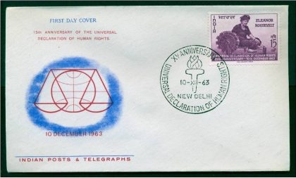 First Day Cover? 10 Dec.'63 15th Anniversary of Declaration of Human Rights. (fdc-1963) (Spots/hinged/slightly damaged/Paper Stuck)