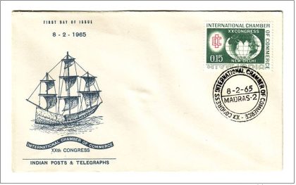 First Day Cover?08 Feb.'65 20th International Chember of Commerce Congress, New Delhi. (fdc-1965) (Spots/hinged/slightly damaged/Paper Stuck)