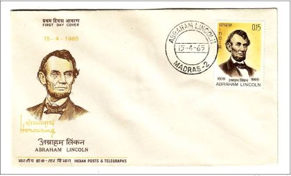 First Day Cover?15 Apr.'65 Death Centenary of Abraham Lincoin. (fdc-1965) (Spots/hinged/slightly damaged/Paper Stuck)