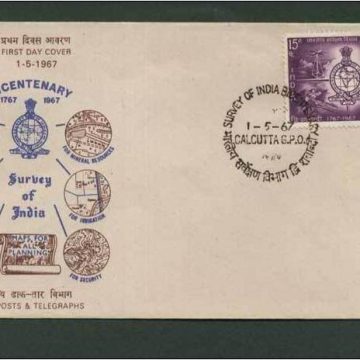 First Day Cover 01 May.'67 Survey of India Bicentenary(Survey Emblem and Activities). (fdc-1967) (Spots/hinged/slightly damaged/Paper Stuck)