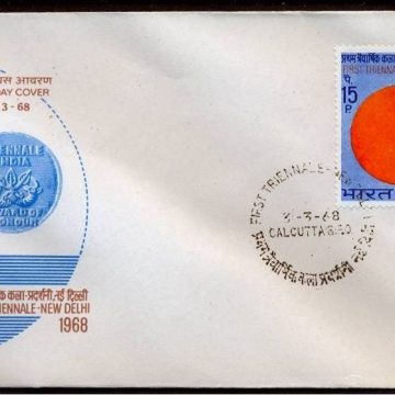 First Day Cover 31 Mar.'68 First Triennale,New Delhi. (fdc-1968) (Spots/hinged/slightly damaged/Paper Stuck)