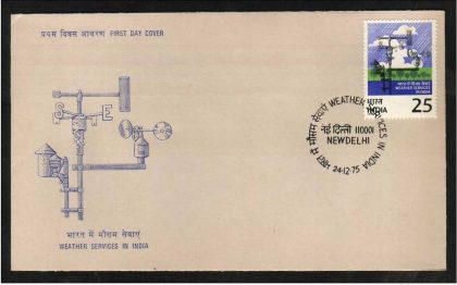 First Day Cover 24 Dec.'75 Centenary of The Indian Meterological Department.(FDC-1975) (Spots/hinged/slightly damaged/Paper Stuck)