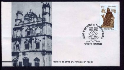 First Day Cover 04 Apr. '83 800th Birth Anniv.of St. Francis of Assisi.(FDC-1983) (Spots/hinged/slightly damaged/Paper Stuck)