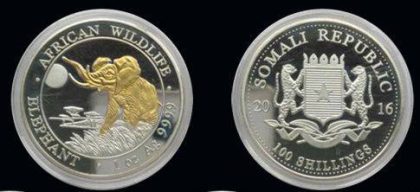 African Wildlife Elephant 1oz Ag9999 100 Shillings Somali Republic 2016