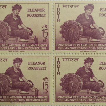 10 Dec. 63 Declaration of Human Rights, 15th Anniversary - Eleanor Roosevelt. Personality, Event, Human Rights, Charkha, Spinning Wheel, Anniversary, 15 nP. (Block of 4 stamp)