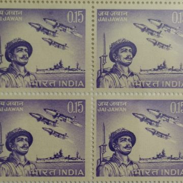26 Jan. 66 Jai Jawan. Jai Jawan, Jai Kisan Soldier , Aircraft , Warship , Foamation , Gnats, 15 P. (Block of 4 stamp)