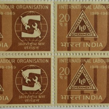 International Labour Organisation. Labour, Organisation, Emblem, Hands, Tools, Badge, Globe, 20 P. (Block of 4 stamp)