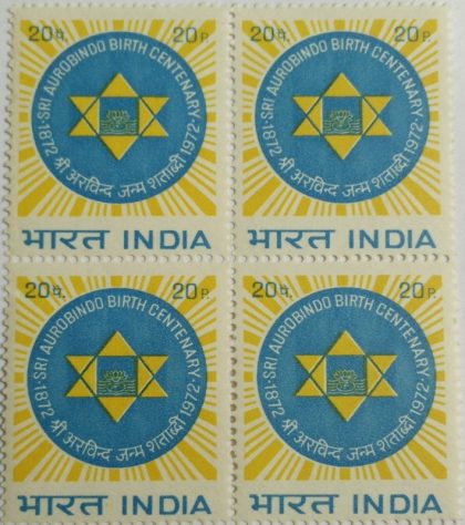 Sri Aurobindo. Personality, Freedom Fighter, Philosopher, Yogi, Maharishi, Poet, Spiritual Reformer, Birth Centenary, Symbol, Lotus, 20 P. (Block of 4)