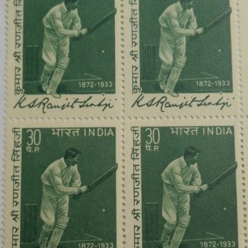 Ranjit Sinhji. Personality, Ruler, Cricket, Cricketer, Bat, Autograph, Autograph, Stump, Cricket Pitch, 30 P. (Block of 4 stamp)