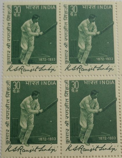 Ranjit Sinhji. Personality, Ruler, Cricket, Cricketer, Bat, Autograph, Autograph, Stump, Cricket Pitch, 30 P. (Block of 4 stamp)