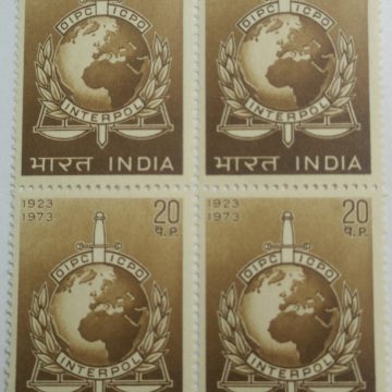 Interpol. Emblem, Crime, Police, International Criminal Police Organization, Globe, Sword, Public Safety, Scale, Olive Wreath, Kotinos, 20 P. (Block of 4 stamp)