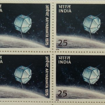 Aryabhata - First Indian Satellite. Aryabhata, Satellite, Astronomer, 25 P. (Block of 4 stamp)
