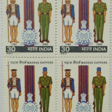 Madras Sappers Bicentennial. Madras Sappers, Regiment, Uniform, Military, Defence, Headgear, Emblem, Badge, Crest, Ribbon, 30P. (Block of 4 stamp)