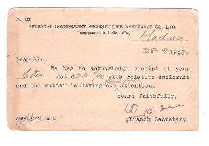 56.ORIENTAL LIFE OFFICE  MADURA 28 SEP 43 Used Covers