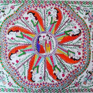 MADHUBANI PAINTING "RAAS" Made on-Thick paper - 1 Dimension-(28*22) inch