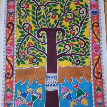 MADHUBANI PAINTING Birds on a tree with fishes in water Dimension-(20*13) inch Made on-canvas
