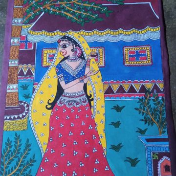 MADHUBANI PAINTING Diya holding girl Dimension-(18*13) inch Made on-canvas