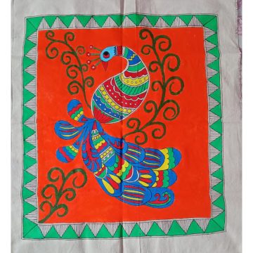 MADHUBANI PAINTING Peacock on a branch Dimension-(19*17) inch Made on-cloth
