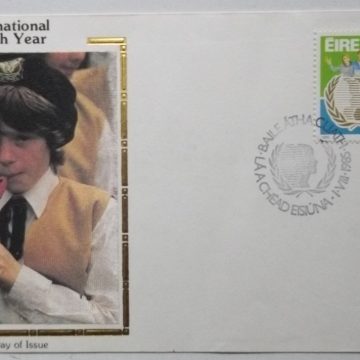 IRELAND YOUTH YEAR GIRL PLAYING INSTRUMENT 1985 COLORANO SILK CACHET FDC UNADDR