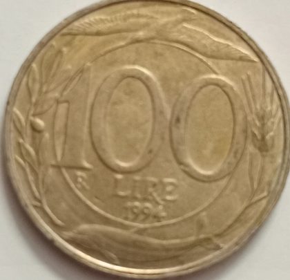 ITALY 100 LIRE 1994 COPPER-NICKEL COIN - Female head with towered crown(used) - Image 2