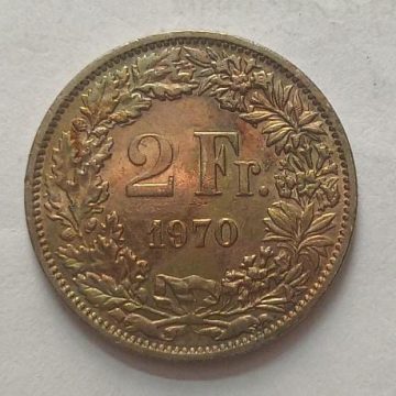 SWITZERLAND 2 France 1970  Confoedertio Helvetica  Coin(used)