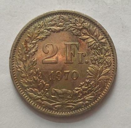 SWITZERLAND 2 France 1970  Confoedertio Helvetica  Coin(used)