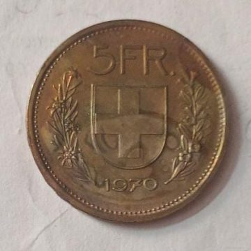 SWITZERLAND 5 France 1970  Confoedertio Helvetica Coin (used)