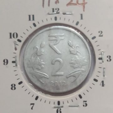 2 RUPEES 2012 NOIDA MINT 12.30 ROTATION ERROR COIN USED