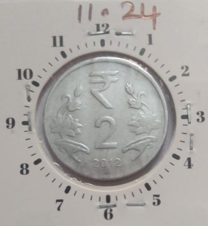 2 RUPEES 2012 NOIDA MINT 12.30 ROTATION ERROR COIN USED
