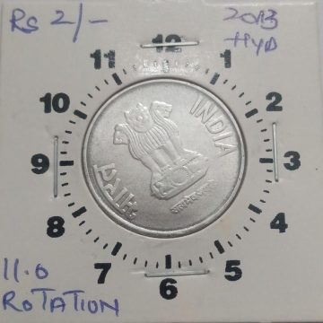 2 RUPEES 2013 HYDERABAD MINT 11.00 ROTATION ERROR COIN USED