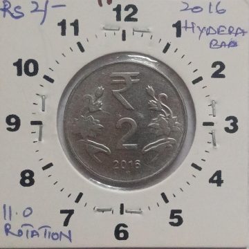 2 RUPEES 2016 HYDERABAD MINT 11.00 ROTATION ERROR COIN UNC