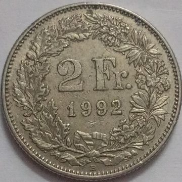 SWITZERLAND 2 France 1992  Confoedertio Helvetica Coin (used)