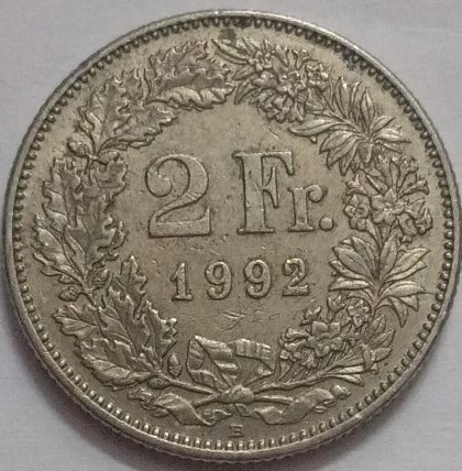 SWITZERLAND 2 France 1992  Confoedertio Helvetica Coin (used)