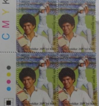 Sachin Tendulkar: 200th Test Match Cricket, Test Match, Bat, Helmet, Stadium Rs. 20 (Block of 4 TL Stamp)